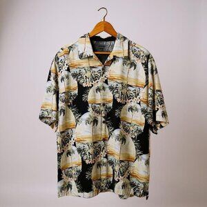Jamaica Jaxx Hawaiian Shirt L 100% Silk Sunset Palm Tree Aloha Camp Button Front